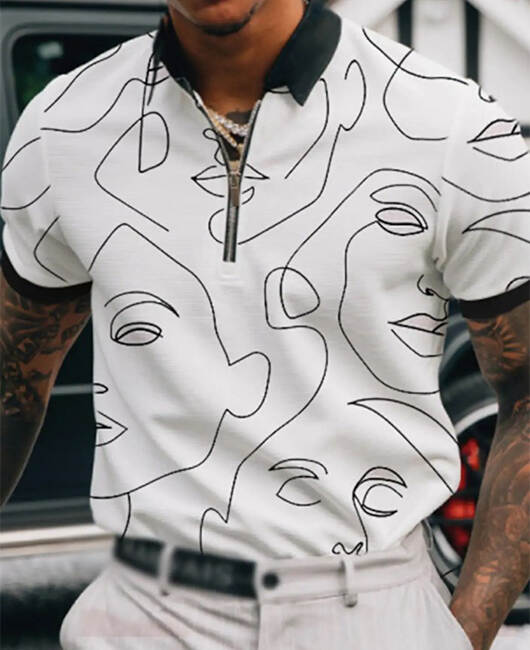 Casual Plain Graphic Human Face Zipper Lapel Collar Short Sleeve Polo Shirt