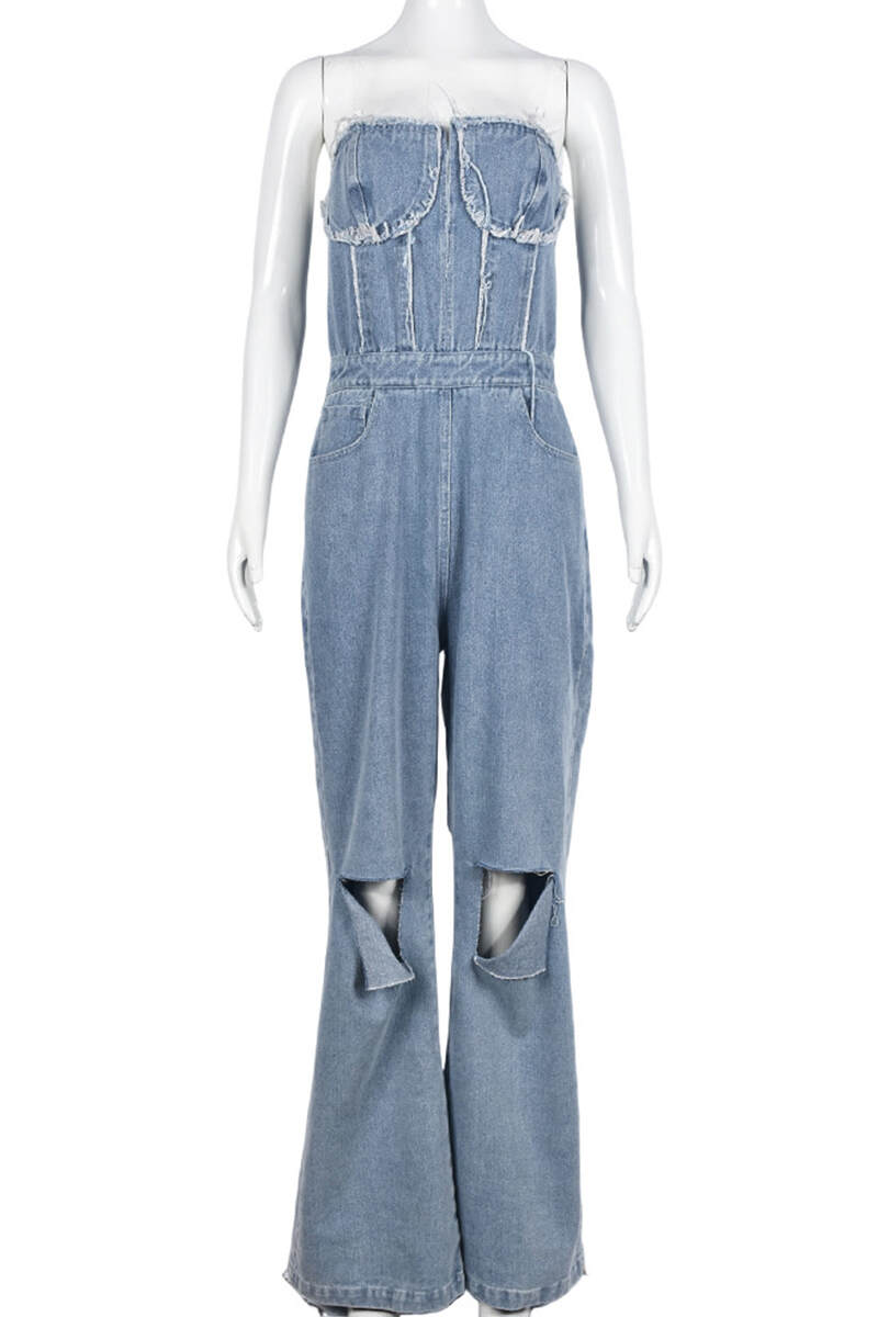 Blue Casual Solid Backless Strapless Sleeveless High Waist Skinny Denim Jumpsuits