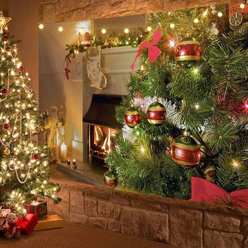 Christmas Decor LED Lights Wall Tapestry Fireplace Christmas Tree Print