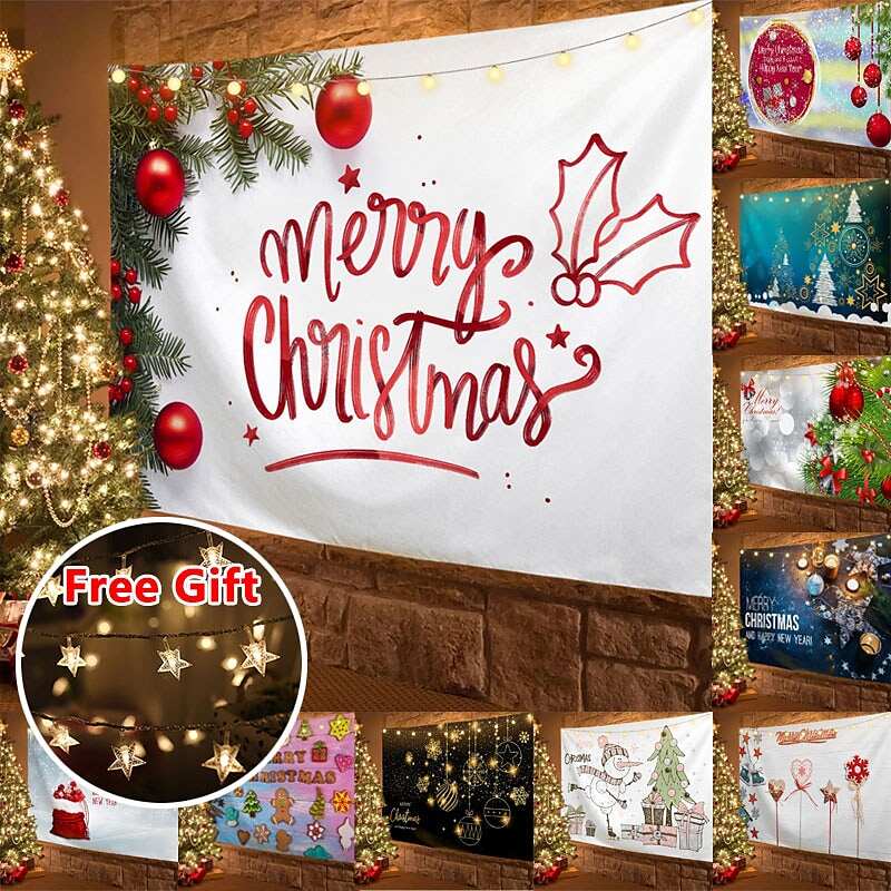 Christmas Decor LED Lights Wall Tapestry Merry Christmas Tree Print