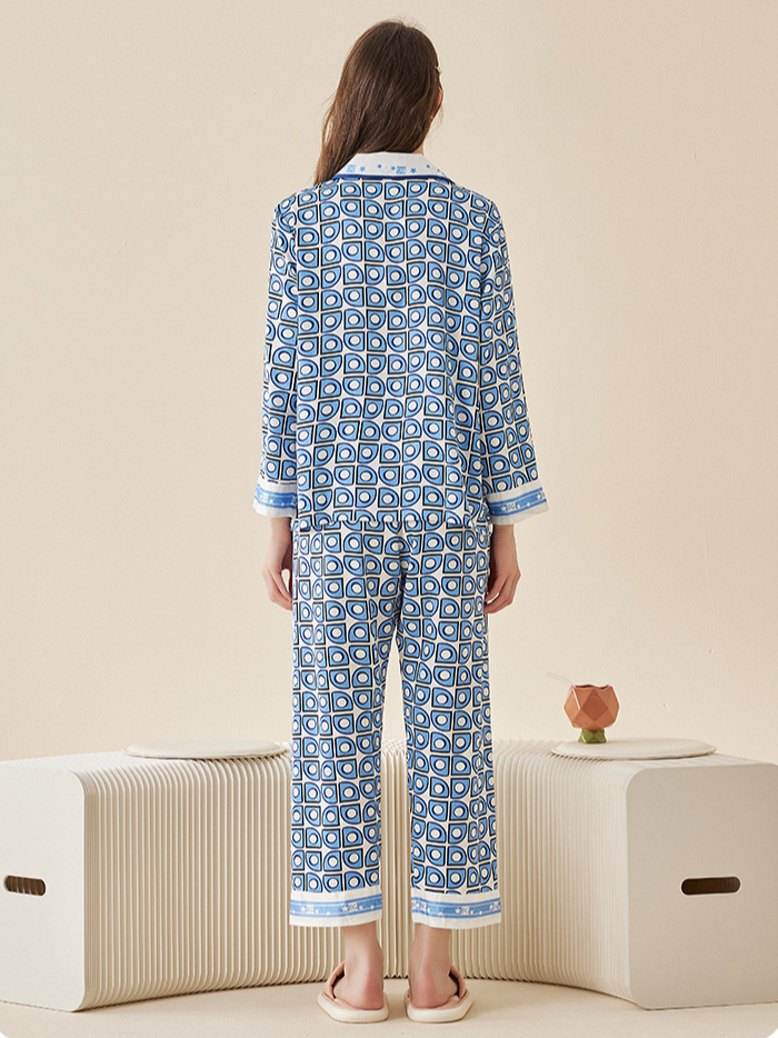 Geometric Print Ice Silk Couple Long Sleeve Pajamas Set