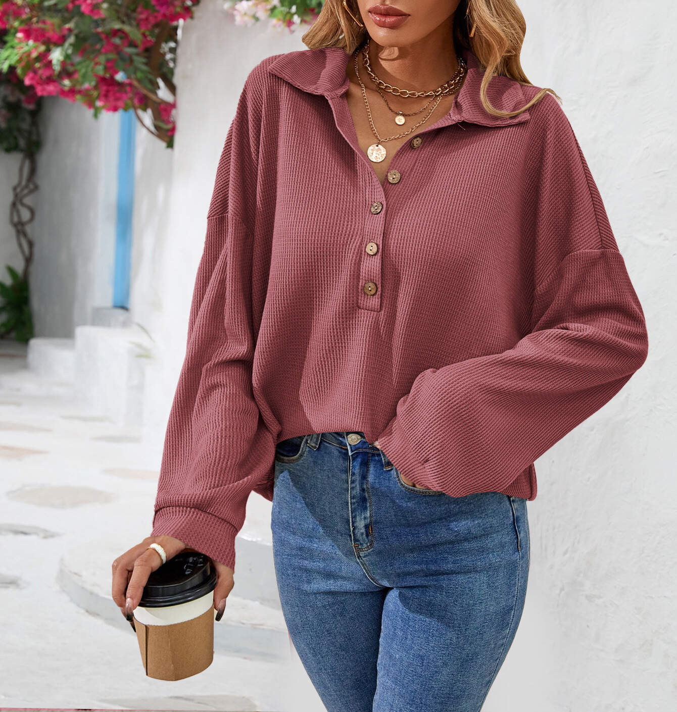 Solid color buttoned women's long sleeve top