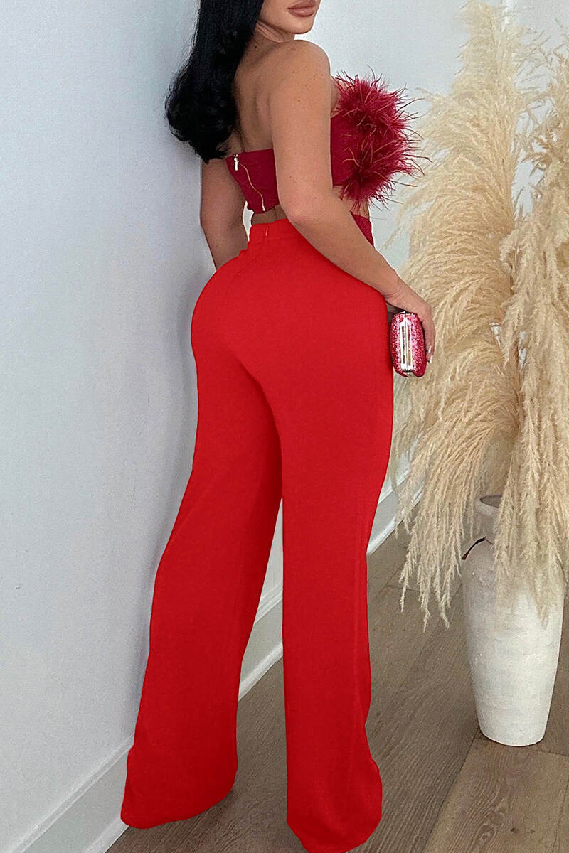 Red Casual Solid Basic Regular High Waist Conventional Solid Color Trousers