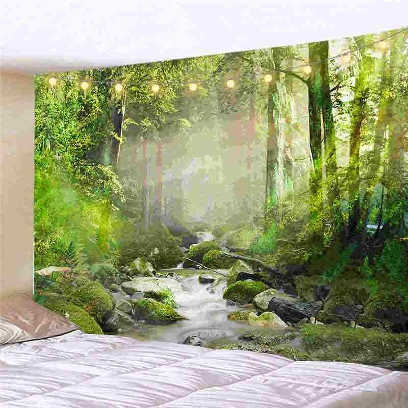 Landscape LED Lights Wall Tapestry Art Decor Forest River Waterfall Print