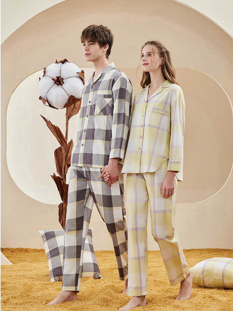 Cotton Regular Fit V Neck Long Sleeve Couple Pajama Set