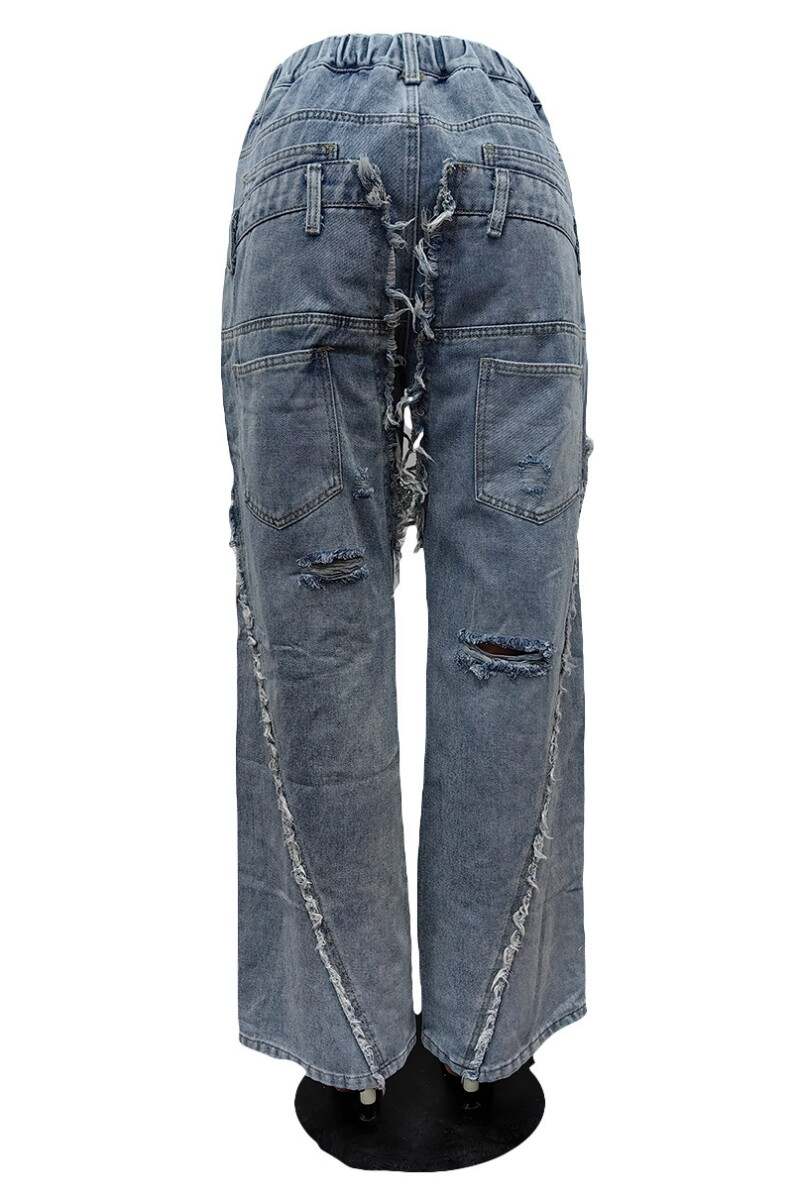 Light Blue Casual Solid Ripped Patchwork High Waist Regular Denim Jeans