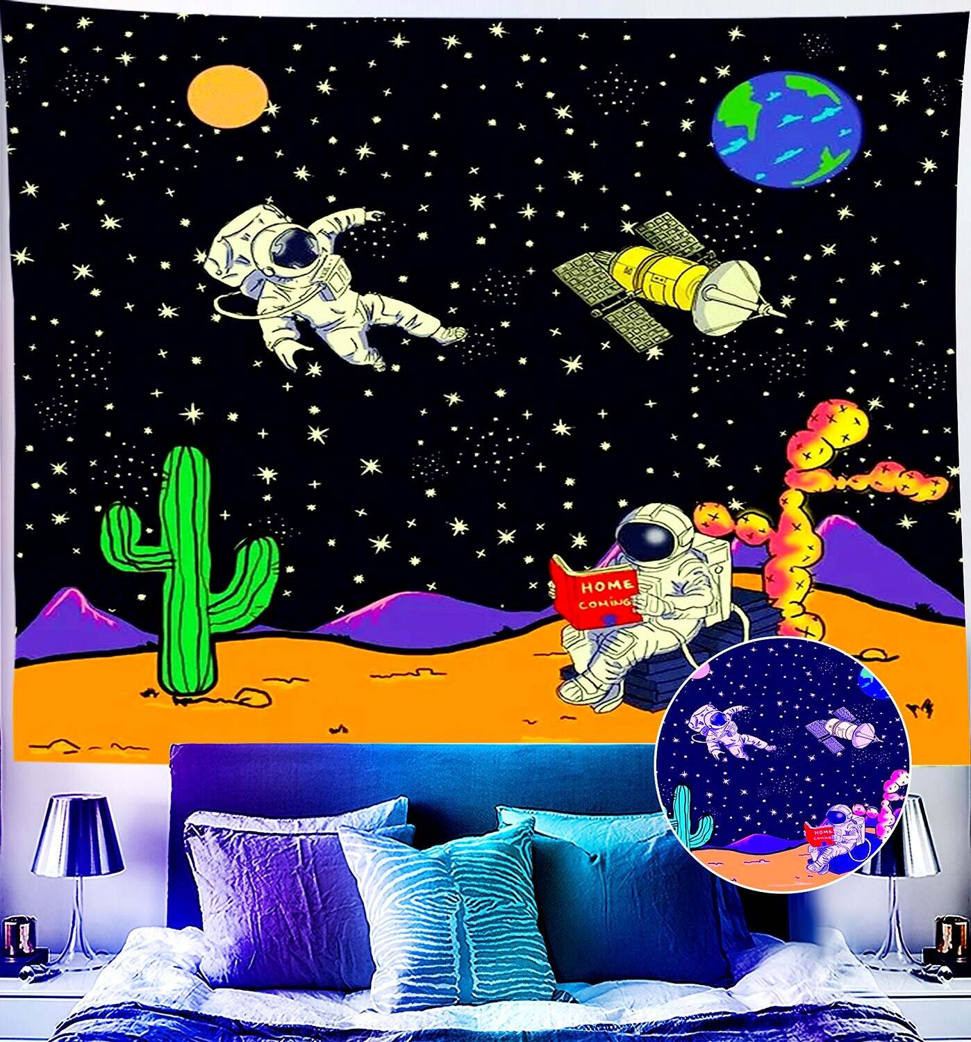 Trippy Blacklight UV Reactive Wall Tapestry Alien Astronaut Psychedelic