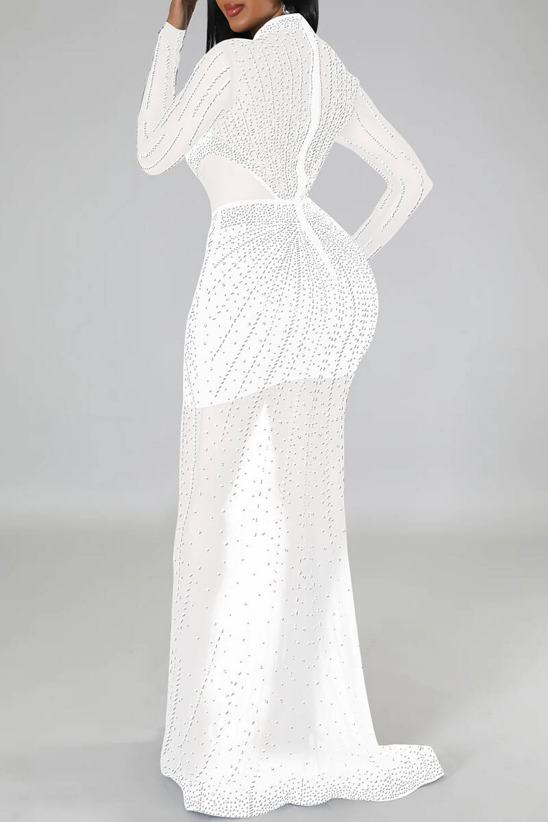 White Sexy Patchwork Hot Drilling See-through Half A Turtleneck Long Dress Dresses