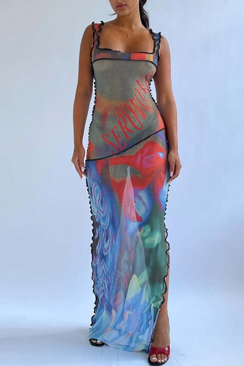 Blue Sexy Print See-through Slit Spaghetti Strap Long Dress Dresses