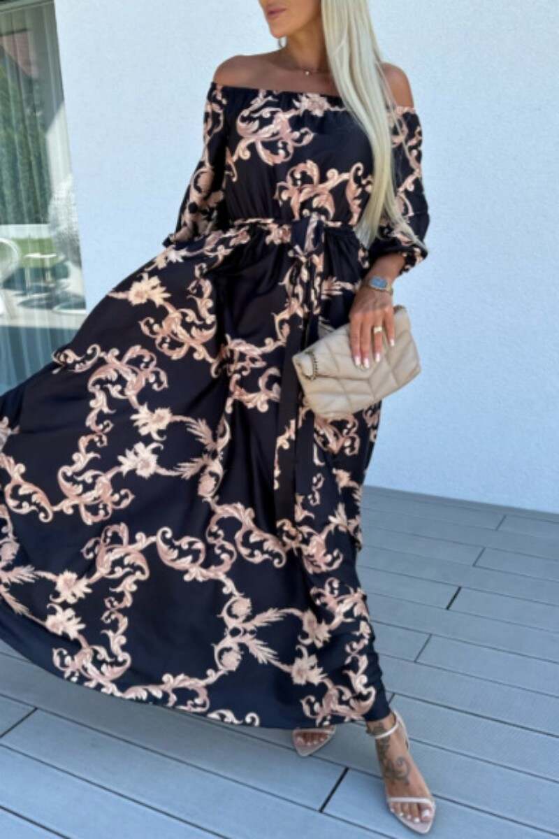 Black Red Casual Print Patchwork Off the Shoulder Long Dress Dresses