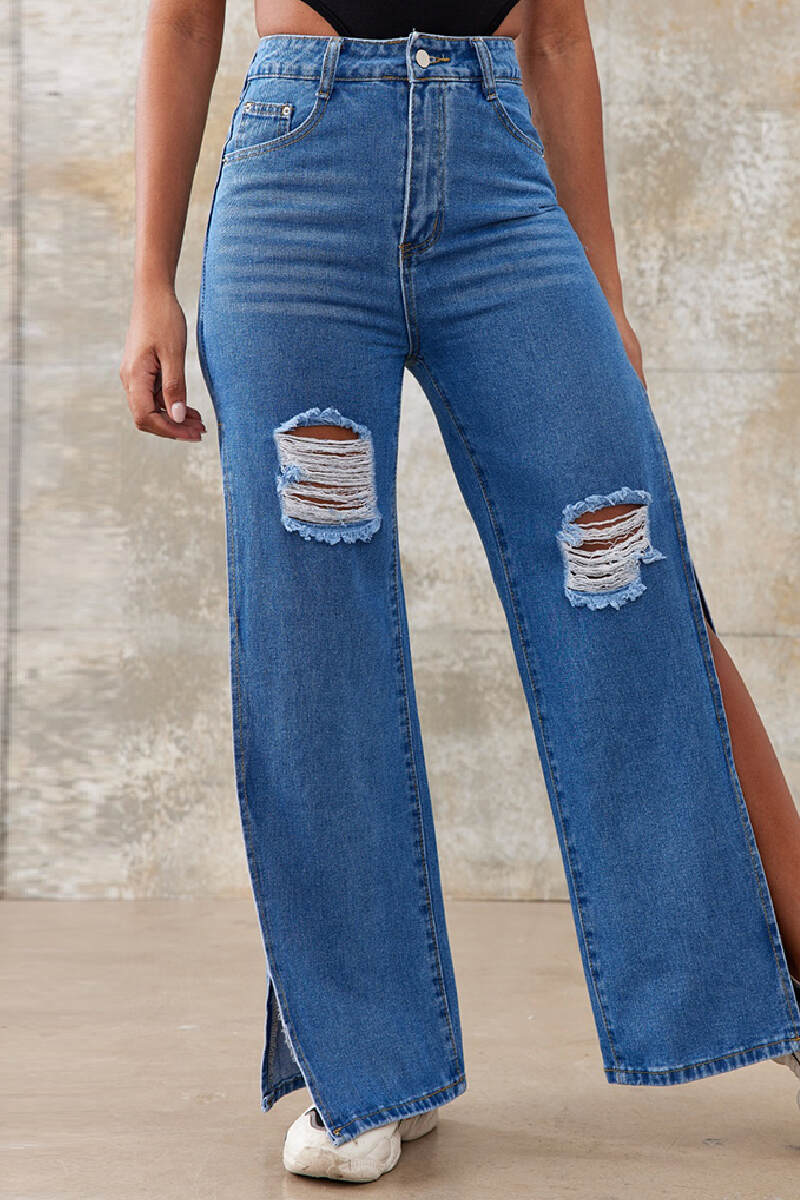 Medium Blue Casual Solid Ripped Slit High Waist Regular Denim Jeans