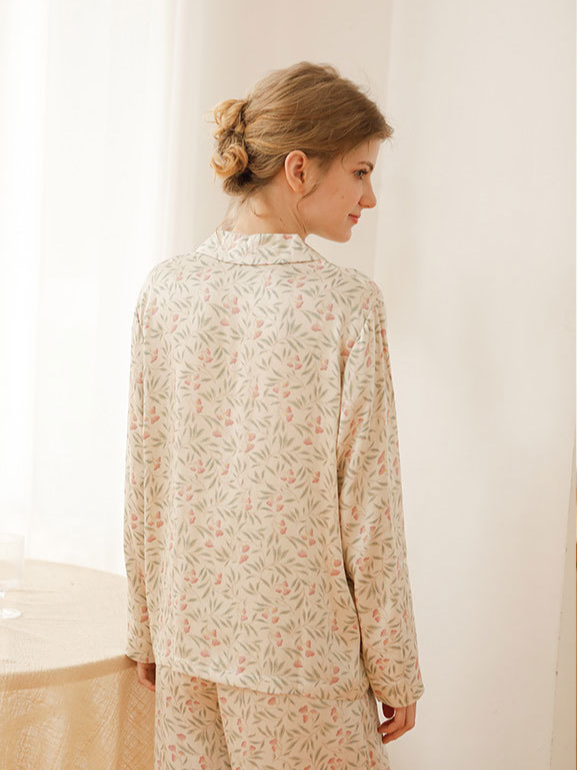 Loose V Neck Casual Floral Long Sleeve Pajama Set