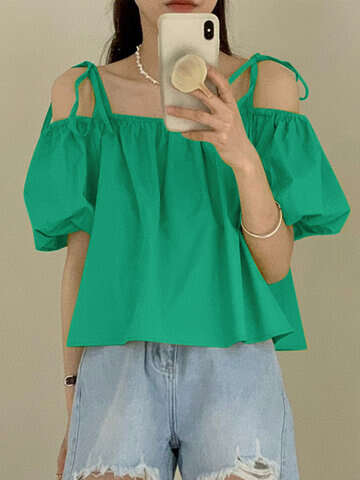 Women Blouses & Shirts | Solid Puff Sleeve Tie Off Shoulder Blouse For Women - IL59927