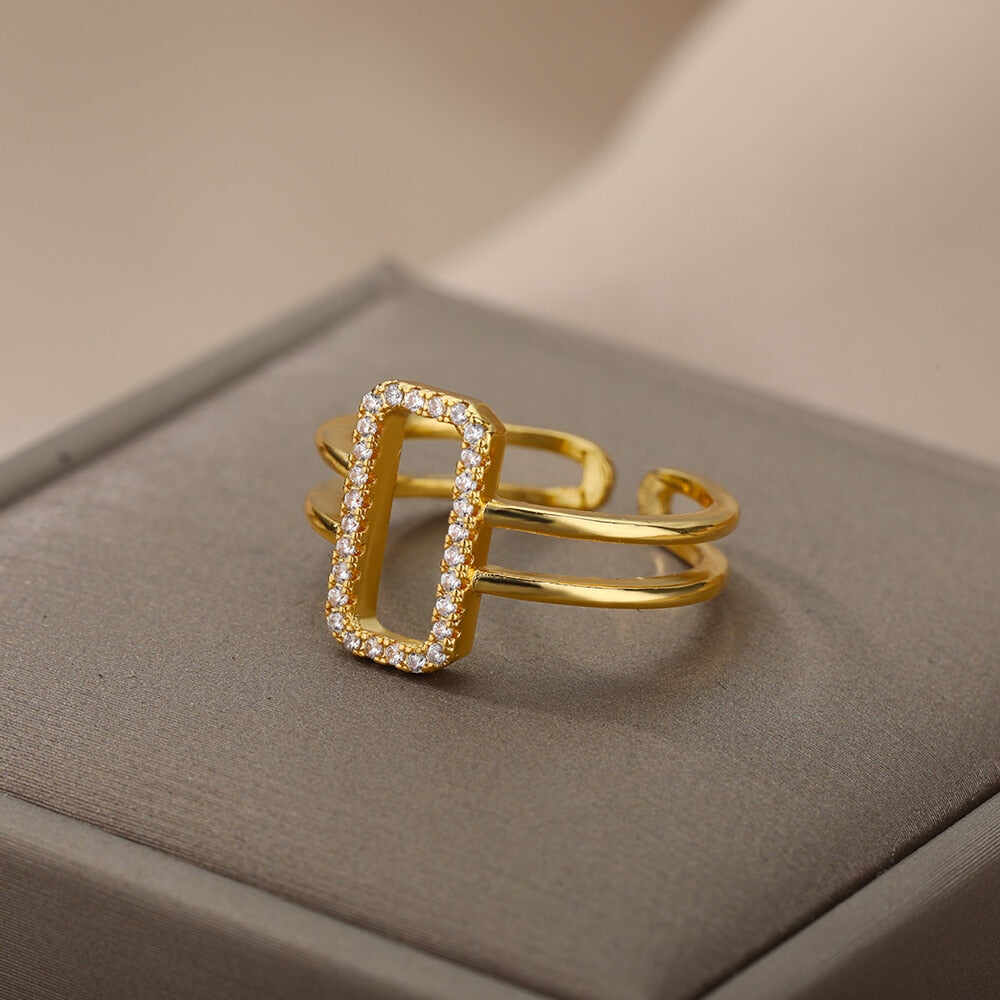 Hollow Rectangle Zircon Rings For Women Adjustable Open Stainless Steel Gold Color Finger Ring Couple Jewelry Gift anillos mujer