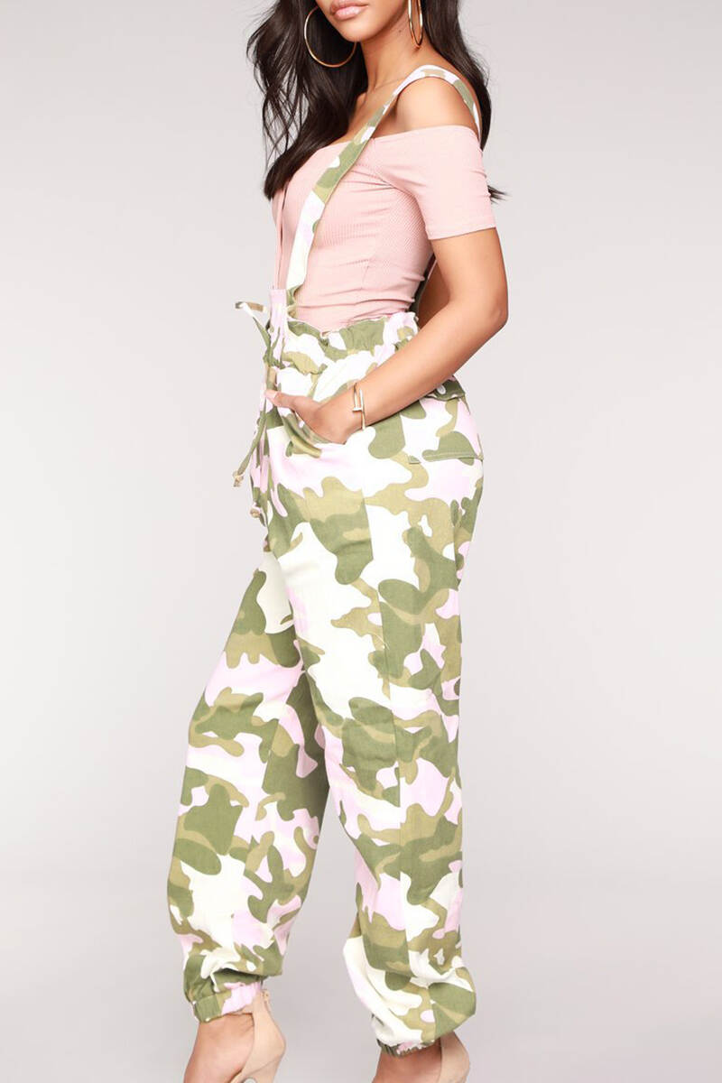 Pink Casual Camouflage Print Bandage Patchwork Buttons Regular High Waist Full Print Bottoms