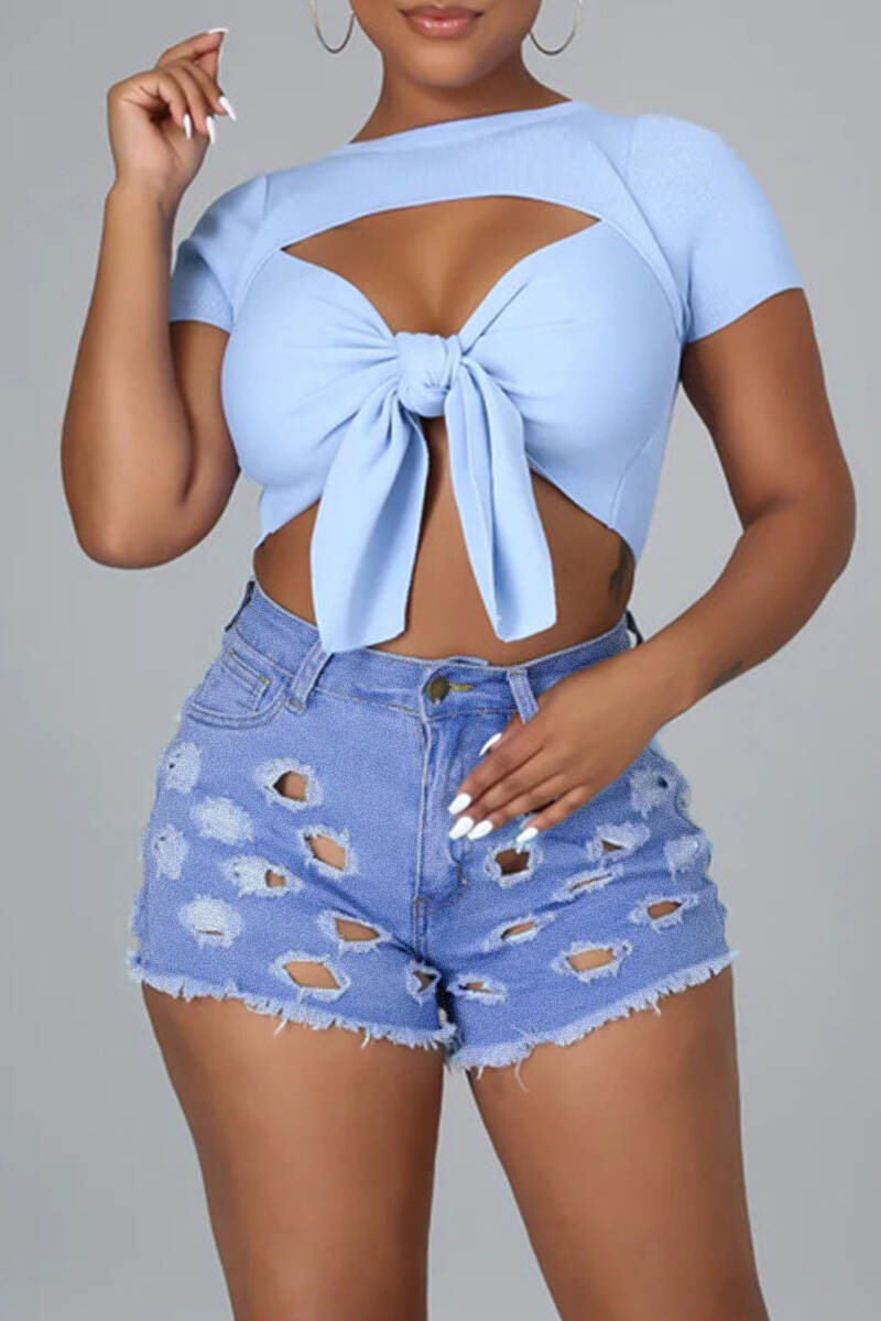 Light Blue Street Solid Hollowed Out Pocket Buttons Zipper Mid Waist Skinny Denim Shorts