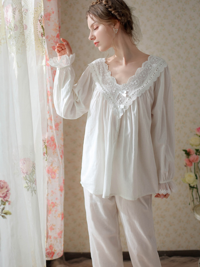 Elegant V Neck Loose Cotton Long Sleeve Pajama Set