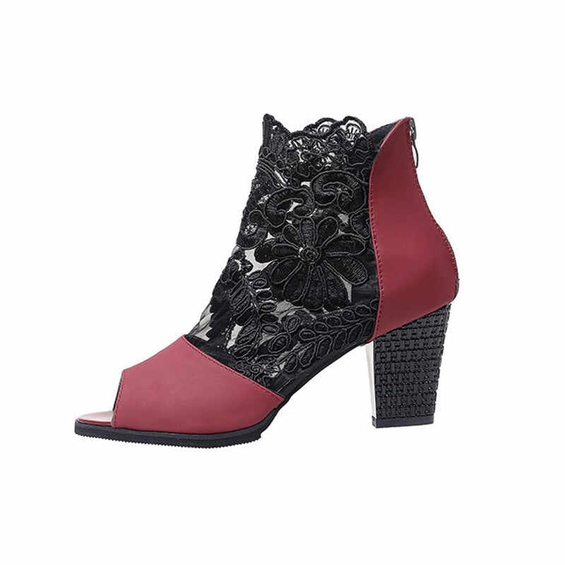 Spring Summer Chunky heel boots with mesh and lace insert