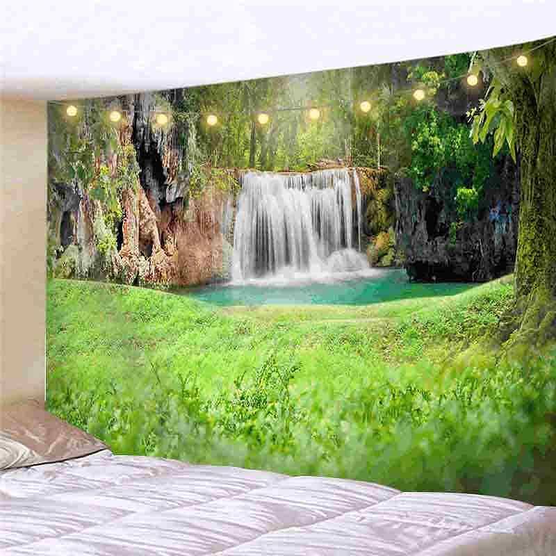 Landscape LED Lights Wall Tapestry Art Decor Waterfall Sunsetn Print