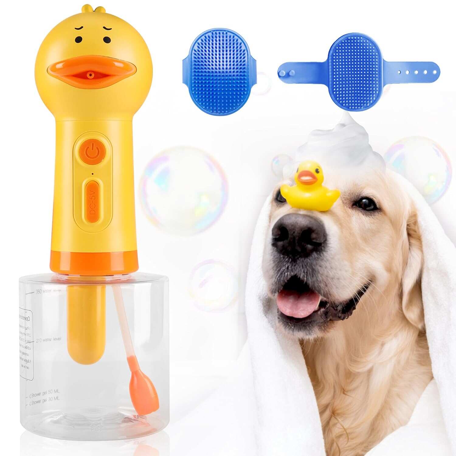 Automatic Foaming Dog Soap Dispenser with Dog Bath Brush, Dog Scrubber for Bath Supplies Brush Silicone Rubber Comb Button Lather Up Dense Foam Quickly for Long Short Haired Dogs Cats Grooming