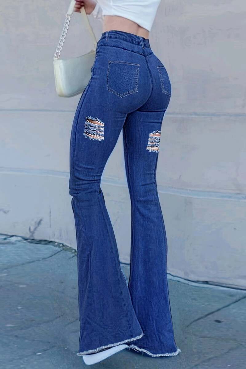 Dark Blue Casual Solid Ripped High Waist Boot Cut Denim Jeans