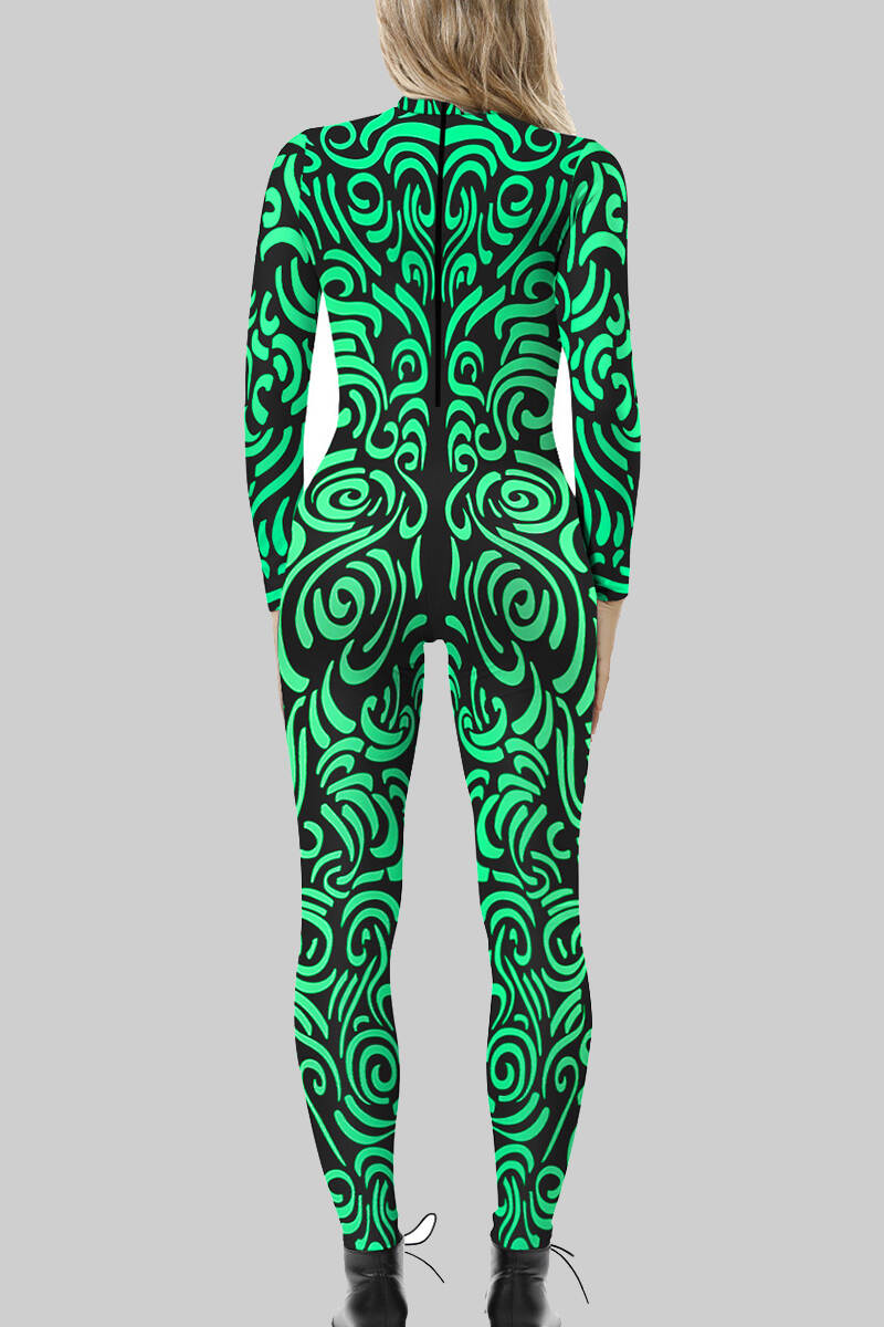 Fluorescent Green Sexy Print Patchwork Zipper O Neck Skinny Jumpsuits