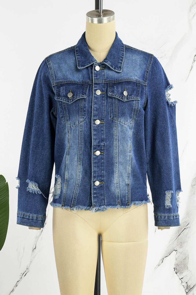 Blue Casual Solid Ripped Patchwork Cardigan Turndown Collar Long Sleeve Regular Denim Jacket