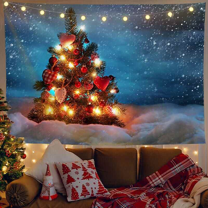 Christmas Decor LED Lights Wall Tapestry Snow Forest Christmas Tree Print