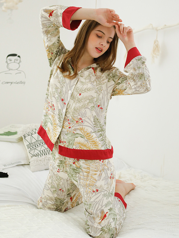 Shawl Collar Satin Loose Simple Long Sleeve Pajama Set