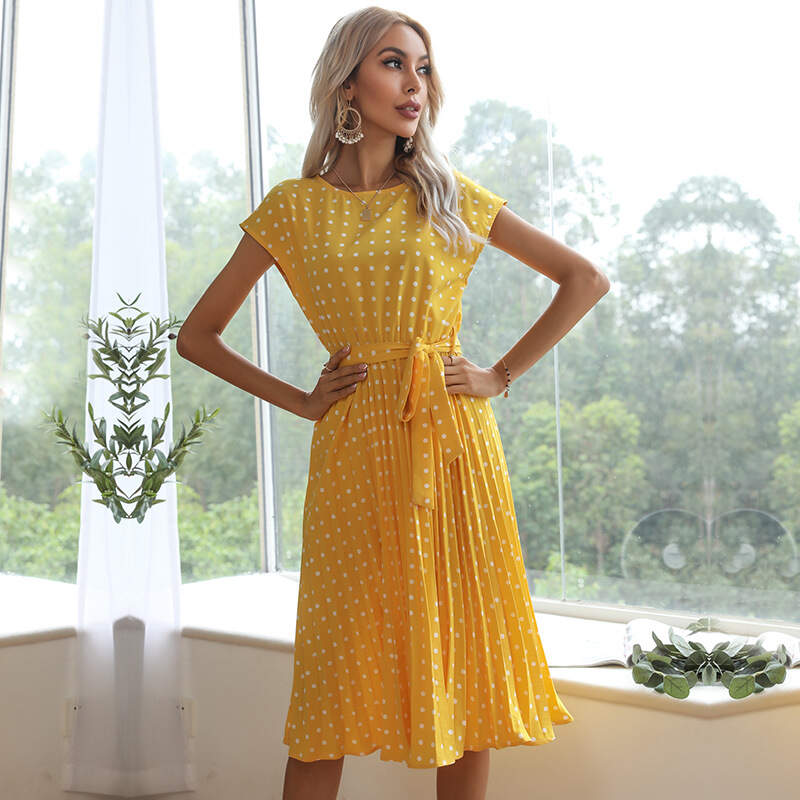 Polka-dot pleated midi dress