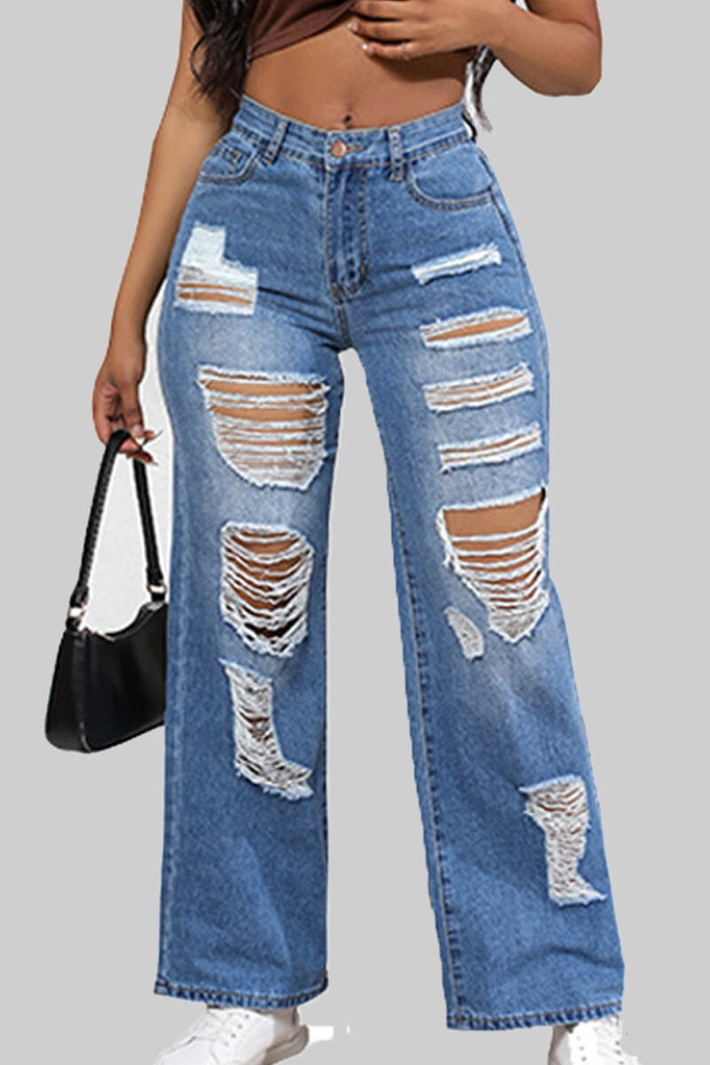 Blue Street Solid Ripped Patchwork Pocket Buttons Zipper Mid Waist Straight Denim Jeans