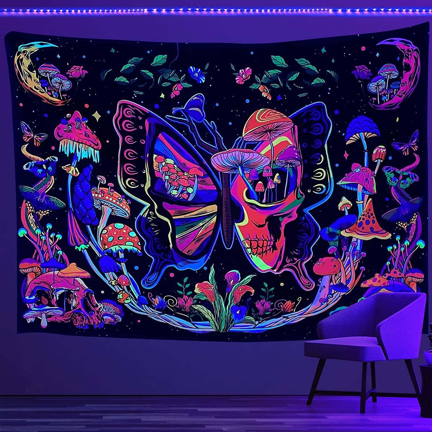 Blacklight Tapestry UV Reactive Trippy Butterfly Mushroom Plants