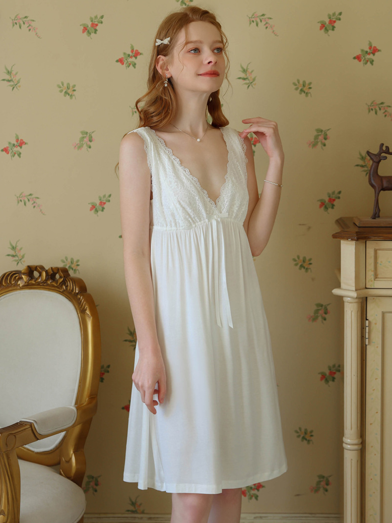 Modal Lace V Neck Vacation Nightdress