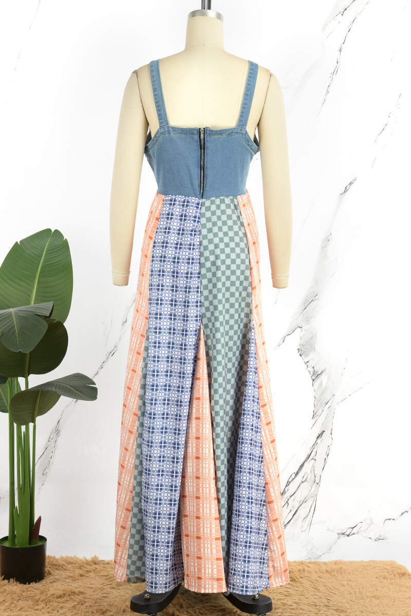 Blue Casual Plaid Patchwork Buttons Backless Zipper Sleeveless High Waist Loose Denim Dresses