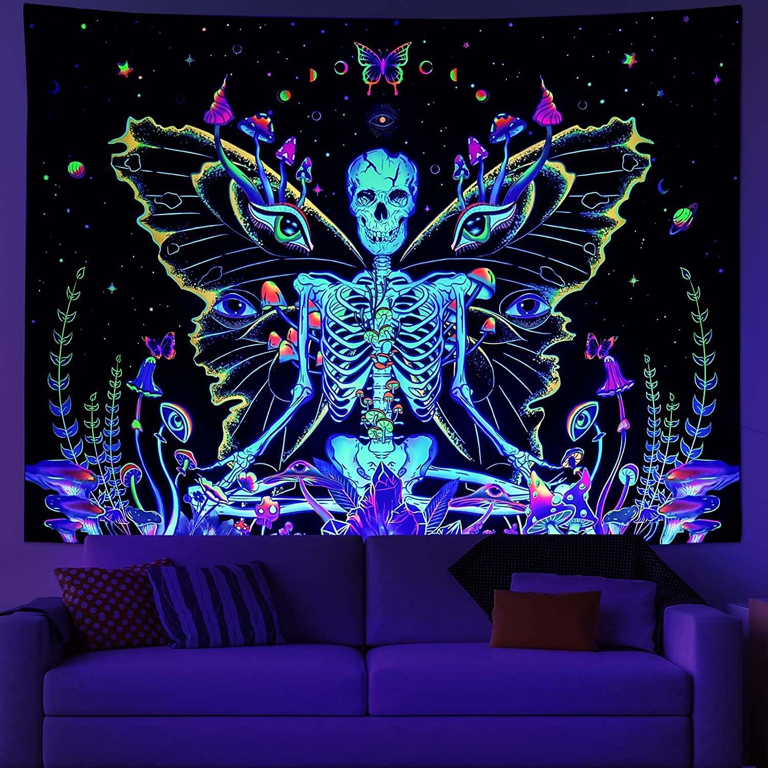 Butterfly Blacklight UV Reactive Tapestry Skull Meditation Trippy