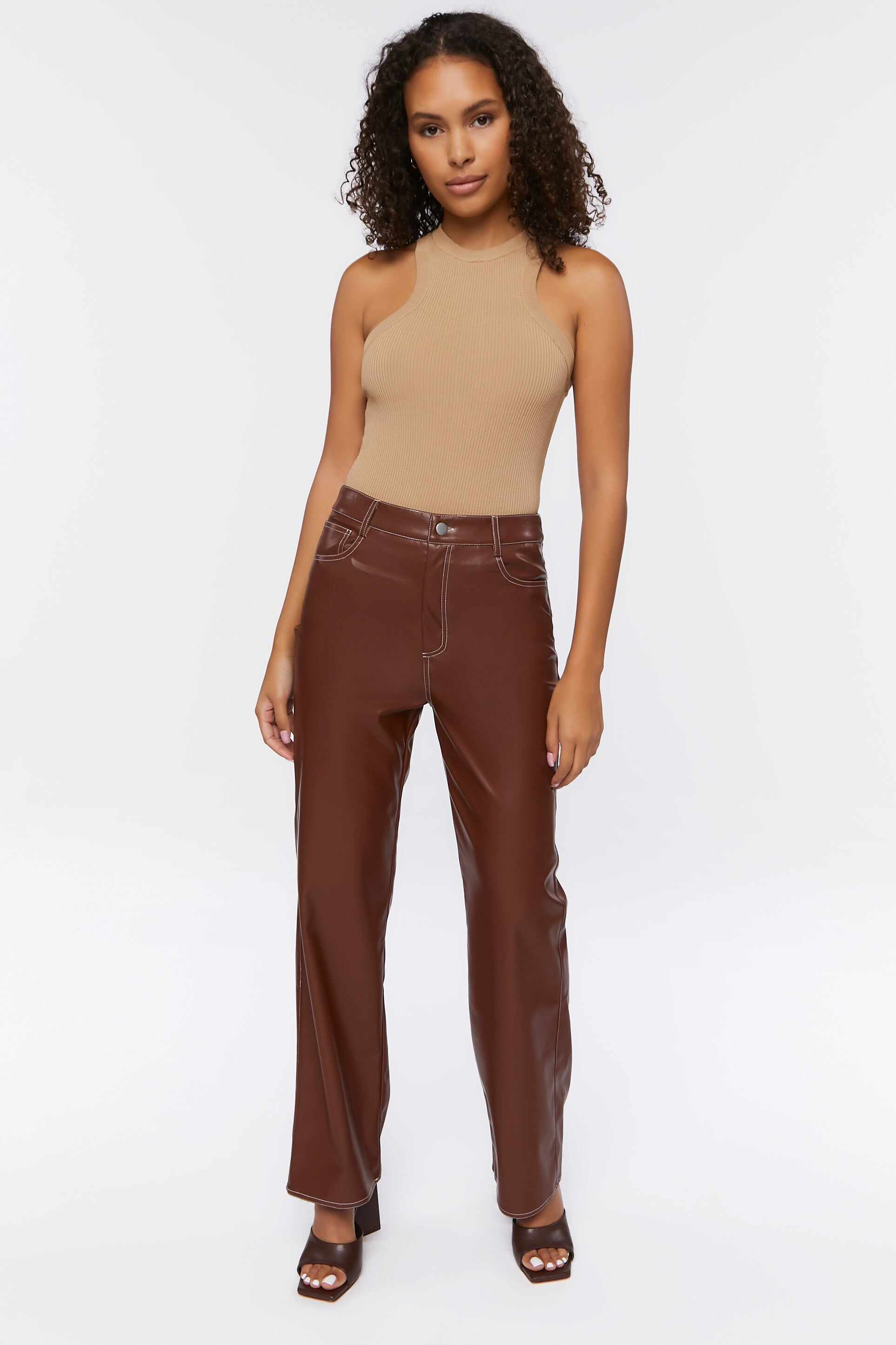 Women Apparel | Sweater-Knit Racerback Bodysuit Tan Forever21 - FZ48617