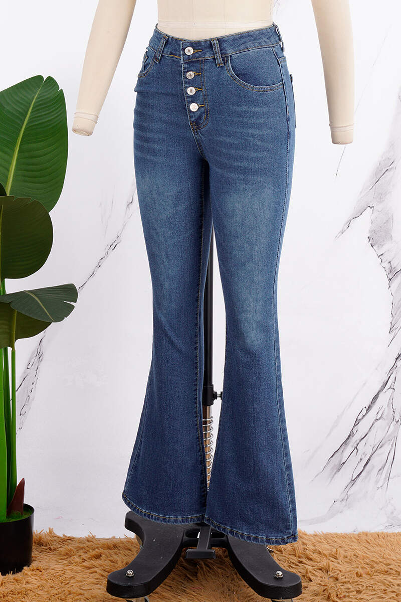 Deep Blue Casual Solid Buckle High Waist Regular Denim Jeans