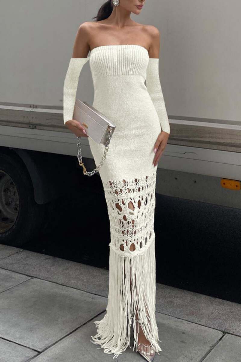 Cream White Sexy Casual Solid Tassel Hollowed Out Backless Off the Shoulder Long Dress Dresses