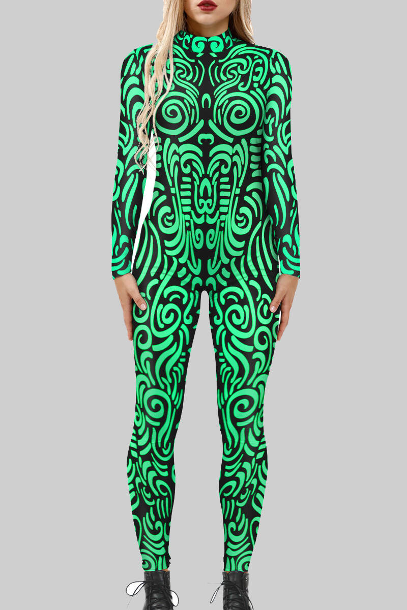 Green Sexy Print Patchwork Zipper O Neck Skinny Jumpsuits