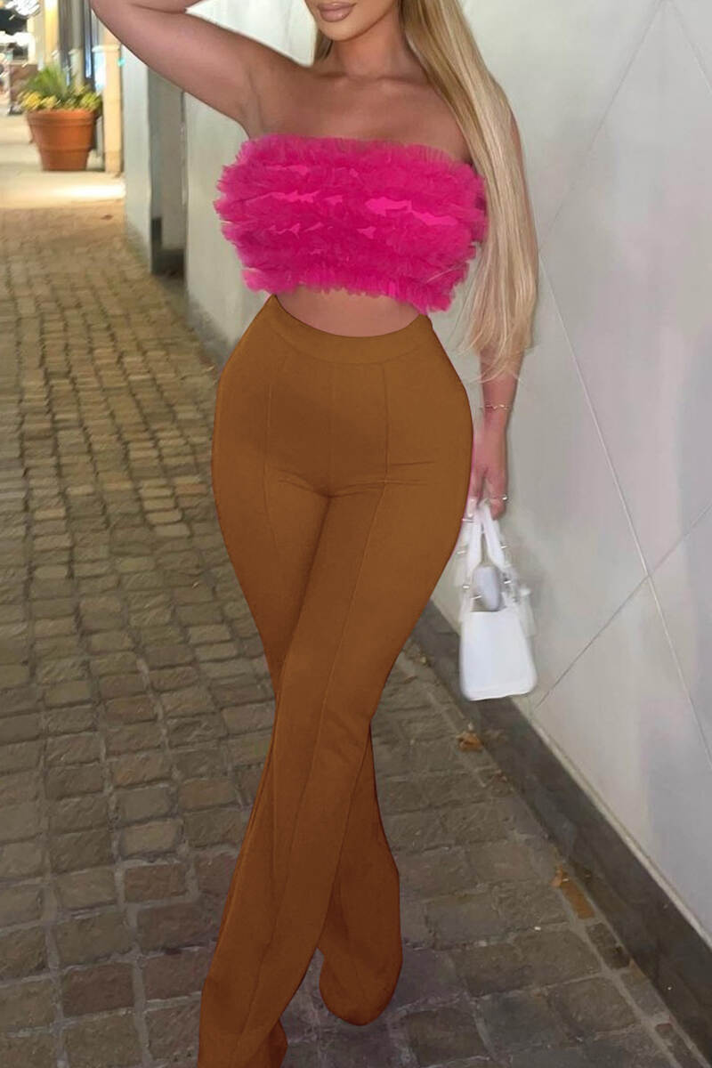 Coffee Casual Solid Basic Regular High Waist Conventional Solid Color Trousers