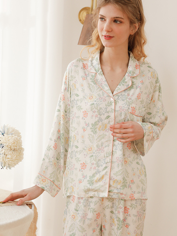 Elegant V Neck Floral Loose Long Sleeve Pajama Set