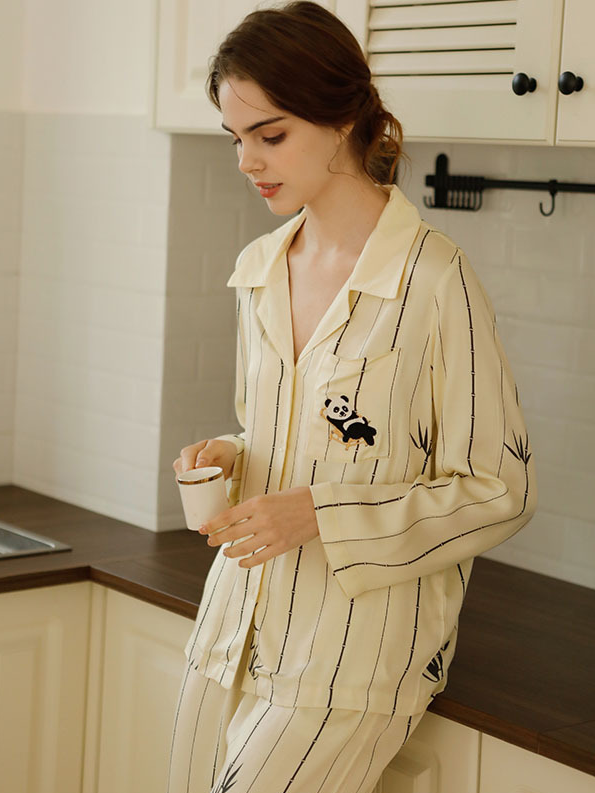 Vacation Shawl Collar Striped Satin Long Sleeve Pajama Set