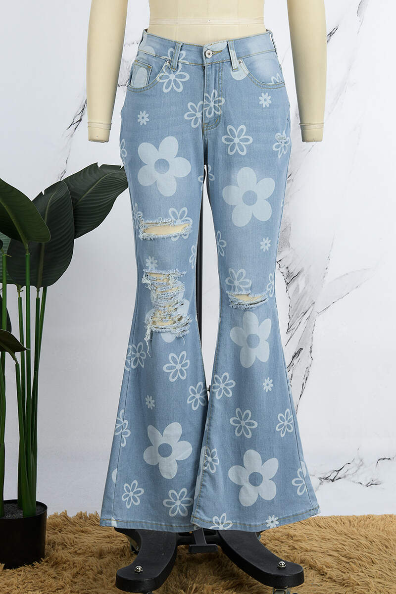 Blue Casual Print Ripped High Waist Regular Denim Jeans