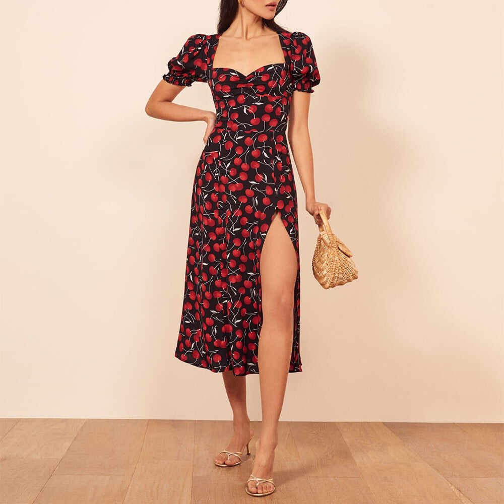 Slim Print Square Neck Slit Dress