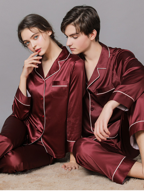 Ice Silk Plain Shawl Collar Casual Long Sleeve Couple Pajama Set