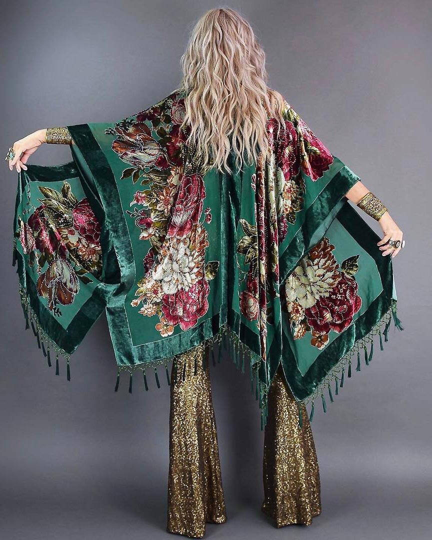 Fringed Velvet Print Cardigan Women's Jacket