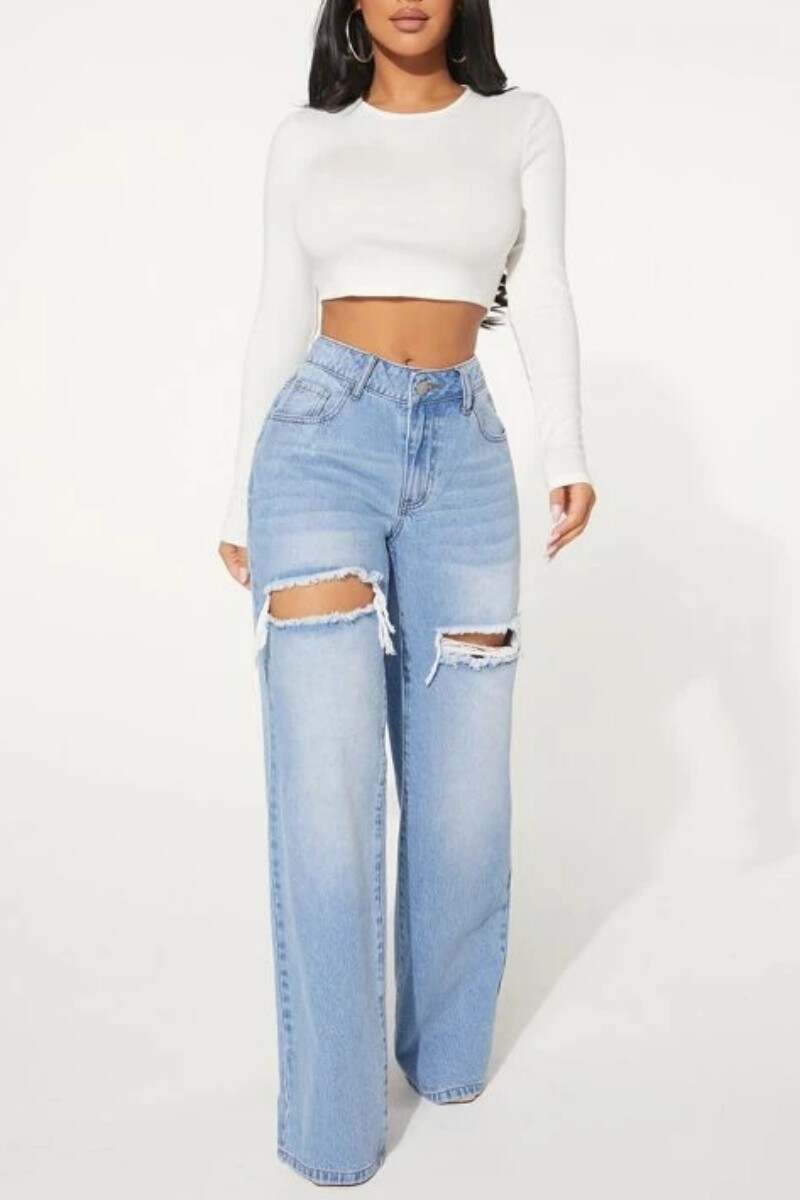 Baby Blue Casual Solid Ripped High Waist Straight Denim Jeans (Subject To The Actual Object)