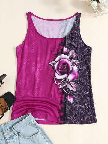 Women Tank Tops & Camis | Rose Print Sleeveless O-neck Tank Top for Women - TC19332