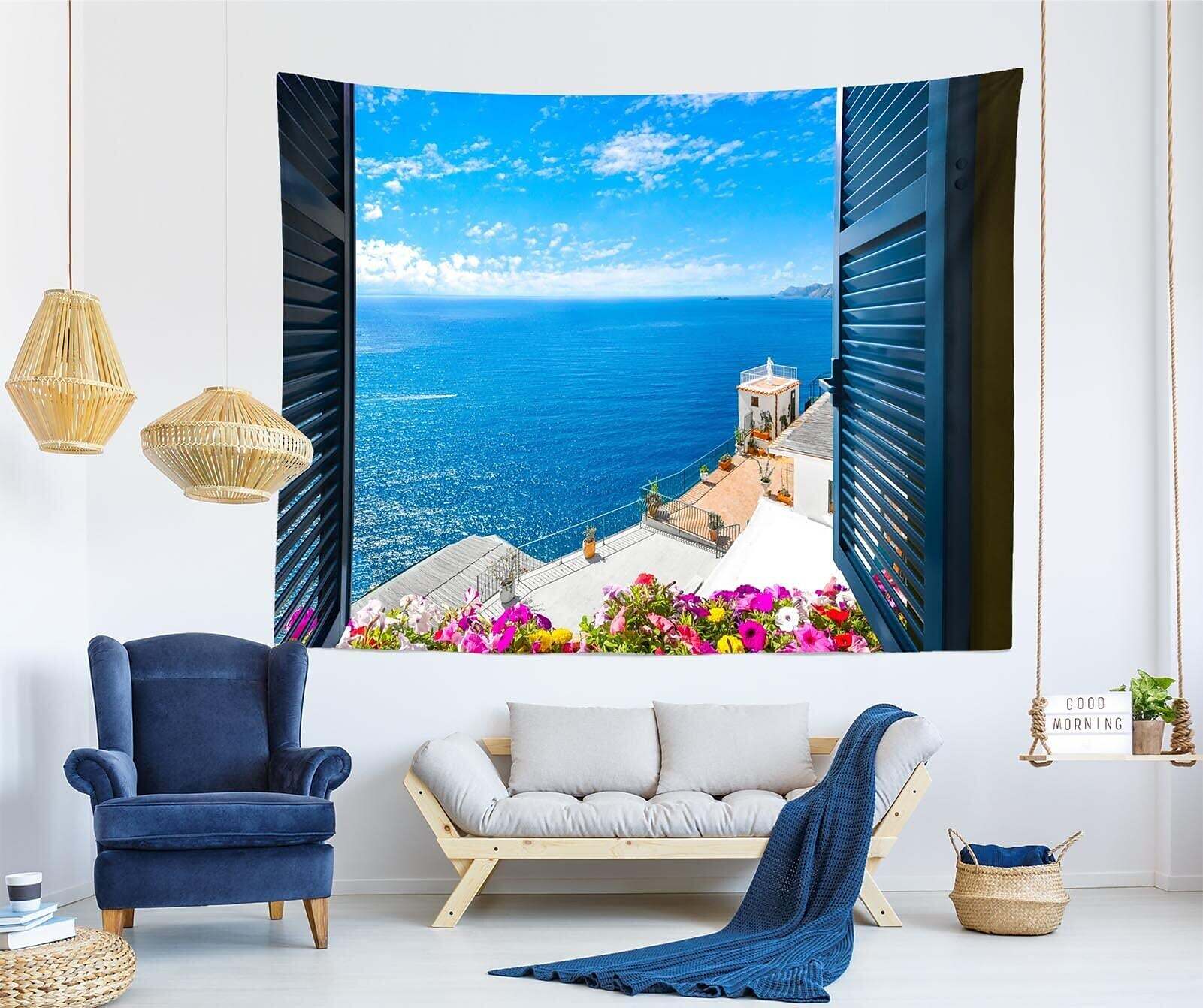 Sea View Window Wall Tapestry Art Decor Photograph Backdrop