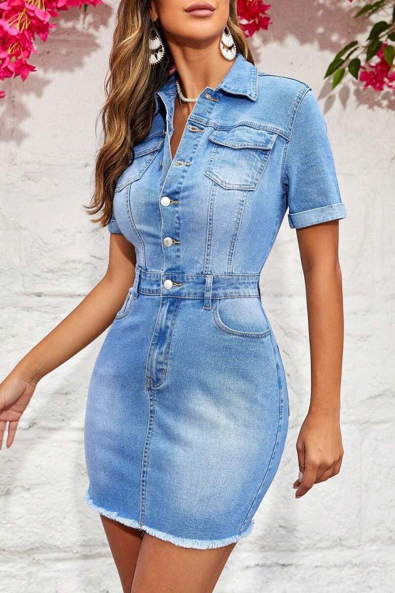 Sky Blue Casual Solid Patchwork Turndown Collar Short Sleeve Skinny Denim Dresses